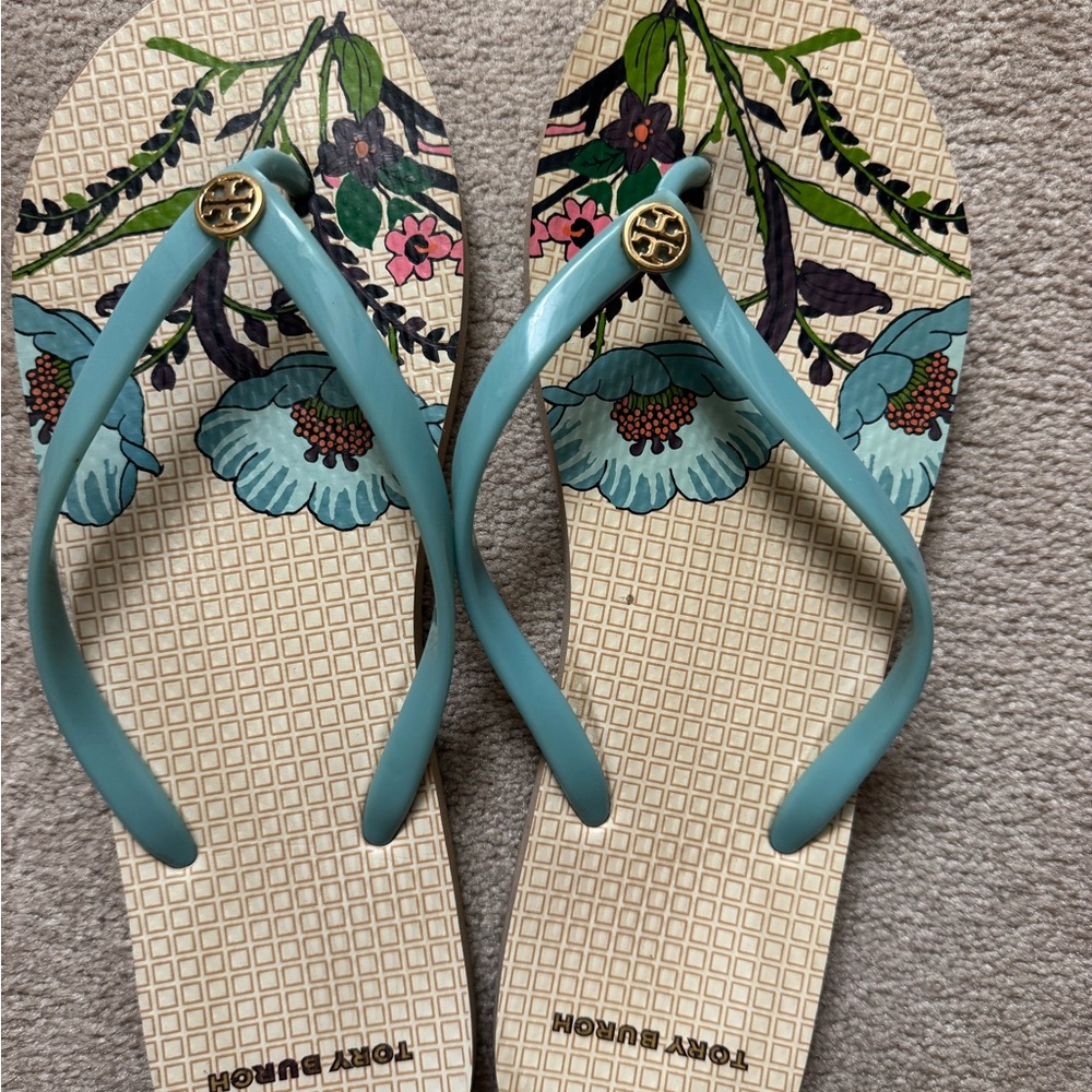 Tory Burch Light Blue Floral-Print Flip Flops with Gold Logo
